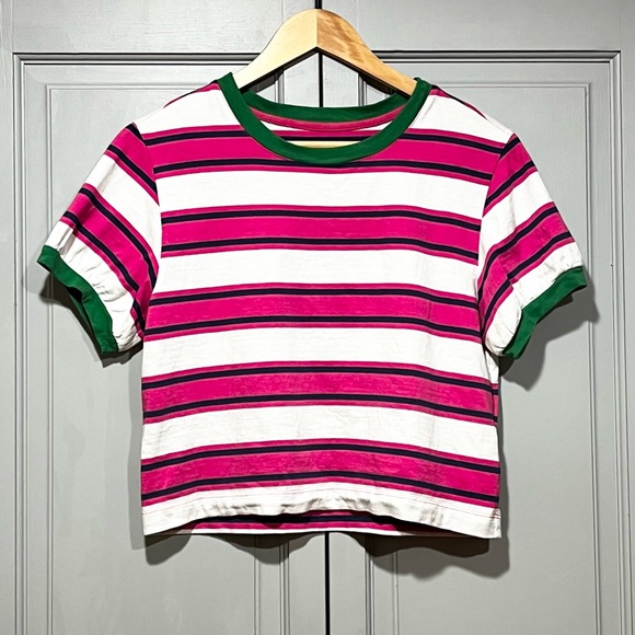 Anthropologie Pink and White Striped Short Sleeve Tee - Picture 4 of 7